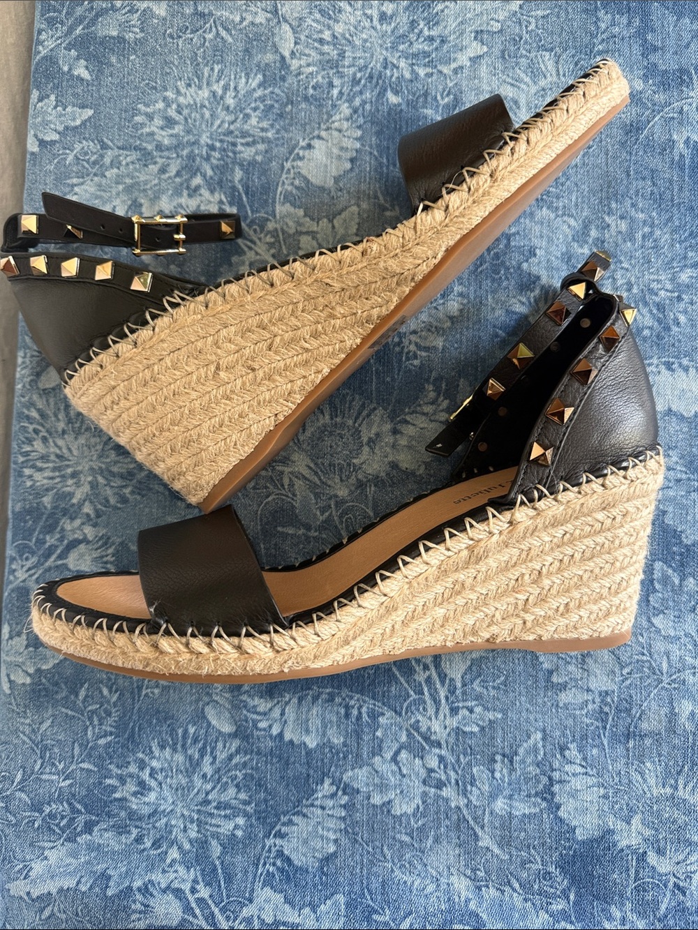 Django and Juliette Black Studded Ankle-Strap Wedge with Espadrille Stitching,11